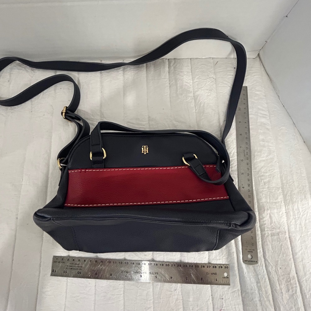 Tommy Hilfiger Navy Blue Red Colorblock Faux Leather Satchel Crossbody Bag